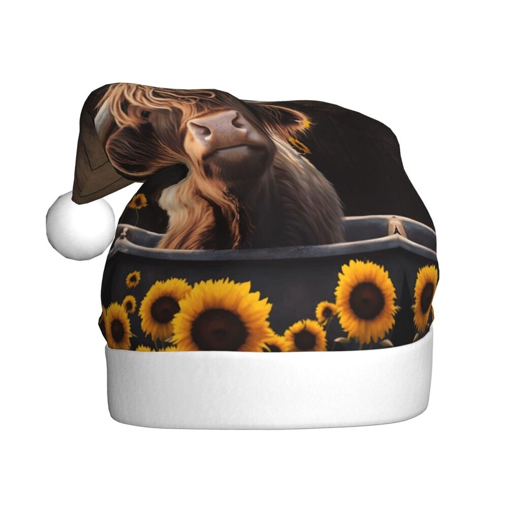 1893 Sunflower Highland-Cow Christmas Hat for Adults, Santa Hats, Holiday